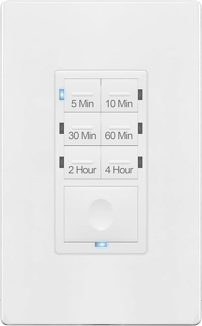 ENERLITES Countdown Timer Switch for Bathroom Exhaust Fan, Wall Light Switch Timer, 5 min – 4 Hours, Night Light LED Indicator, Neutral Wire Required, UL Listed, HET06-4H-W, White