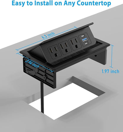 Recessed Conference Table Power Hub with 20W USB-C PD Fast Charging, Flush Mounted for Desks, Kitchens & RVs, 6FT Power Cord (Black)
