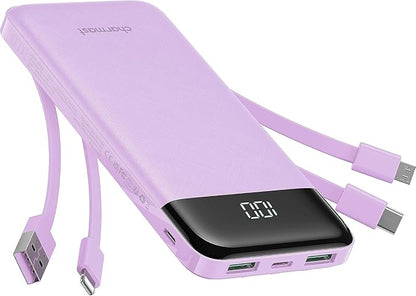 charmast Portable Charger with Built in Cables, Power Bank with Cords Wires, Slim 10000mAh Travel Battery Pack 6 Outputs 3 Inputs 6A Fast Charging for Samsung Google Pixel LG Moto iPhone iPad