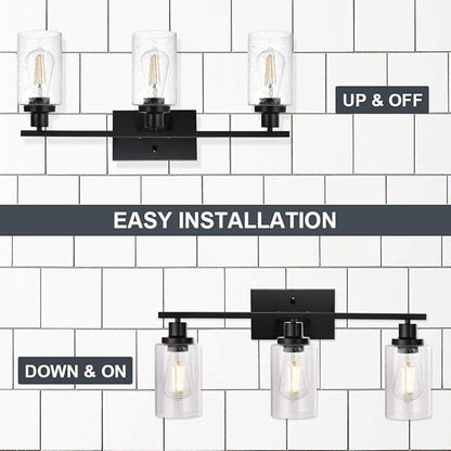 WINSHEN Wall Sconce Lighting 3-Light Matte Black Bathroom Vanity Light Fixtures Farmhouse Wall Lamp with Seeded Glass for Kitchen Living Room Mirror