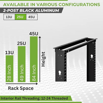 NavePoint 25U 2 Post Open Frame Server Rack for 19 Inch Equipment, AV, Networking, Data & IT Devices, 2-Post Rack 25U 661lbs Weight Capacity, Black