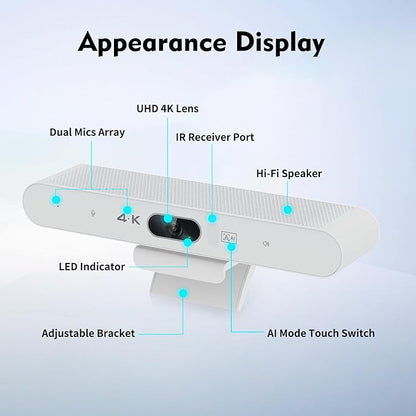 TOALLIN 4K Conference Room Webcam with Mic and Speaker, Ai Auto-Framing & Voice-Tracking, USB Video Bar, All-in-One Video Conference Camera for Online Meetings, Video Calls