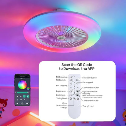 KJDOFN 24 inch Ceiling Fan with RGB Light Remote, Smart LED Ceiling Fans with Remote/App Control, Modern Low Profile Dimmable Light Ceiling Fan for Bedroom Living Room White