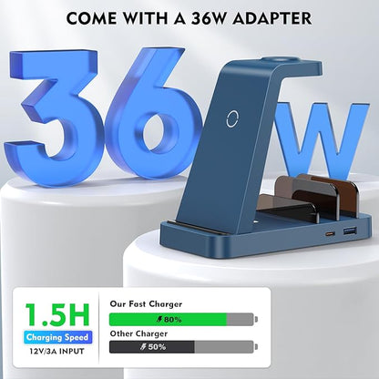 Wireless Charger for iPhone - 5 in 1 Charging Station for Multiple Devices Apple: Fast Wireless Charging Stand Dock for iPhone 16e 16 15 14 13 12 Pro Max Apple Watch Airpods(Blue)