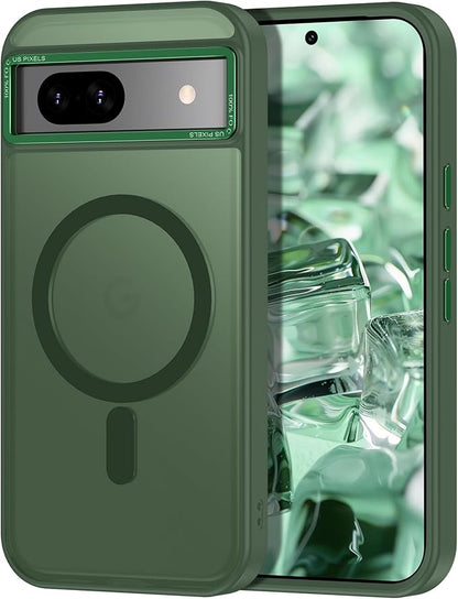 Magnetic for Google Pixel 8a Case, [Military Grade Drop Protection] [Compatible with MagSafe] Shockproof Slim Translucent Matte Anti-Slip for Women Girls Men Case, Forest Green