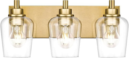 METWET Bathroom Light Fixtures, 3-Light Modern Vanity Light with Clear Glass Wine Glass-Shaped Shade, Vanity Lighting Fixtures Over Mirror, Brushed Gold, VL155-BG-3
