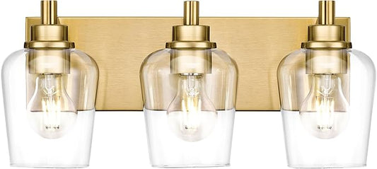 METWET Bathroom Light Fixtures, 3-Light Modern Vanity Light with Clear Glass Wine Glass-Shaped Shade, Vanity Lighting Fixtures Over Mirror, Brushed Gold, VL155-BG-3