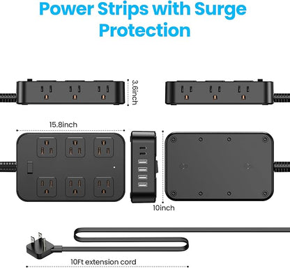 Solidock Flat Plug Power Strip Surge Protector with 12 AC Outlets 6 USB Ports 3 Side Multi Plug Outlet Extender 10 Ft Extension Cord for Home Office Kitchen Dorm Wall Desk Charging Station ETL Listed