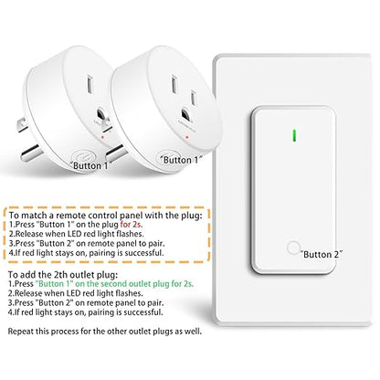 GreenCyle 4 Plug-in Light Switches with 1 Remote, Wireless Remote Control Light Bulb with Wall Switch, 15A/1500W, TUV List, No Wiring, 500ft RF Range, for Lamps, Household
