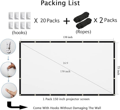 Mdbebbron 150 inch Projection Screen 16:9 Foldable Anti-Crease Portable Projector Movies Screen for Office Home Theater Indoor Outdoor Support Double Sided Projection