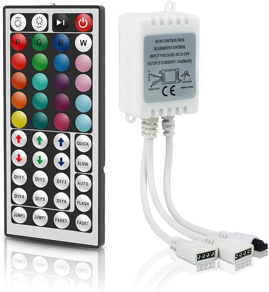 RGB LED Strip Light Remote Controller, 44 Key IR Remote with 2-in-1 4 Pin Connector, Dual Output Dimmer for 12V-24V DC 5050/3528 LED Tape Rope Lighting, 30ft Range