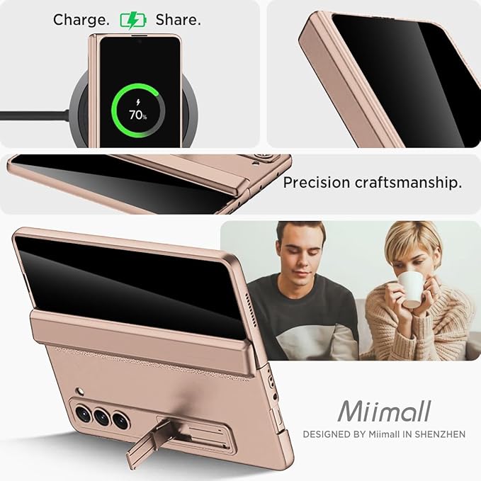 Miimall for Samsung Fold 6 Case with Privacy Screen Protector, Built-in Adjustable Kickstand & Magnetic Hinge & Camera Lens Protective All-Inclusive Phone Case for Galaxy Z Fold6 5G Champagne Gold