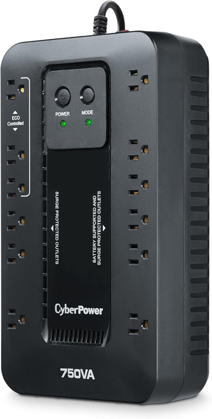CyberPower EC750G Ecologic Battery Backup & Surge Protector UPS System, 750VA/450W, 12 Outlets, ECO Mode, Compact Uninterruptible Power Supply, Black