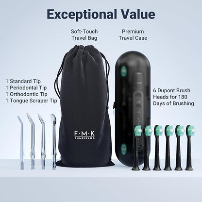 FUMEIKANG Water Flosser & Electric Toothbrush for Adults Oral Irrigator & Sonic Toothbrush 2-1 Oral Clean Kit (Black)