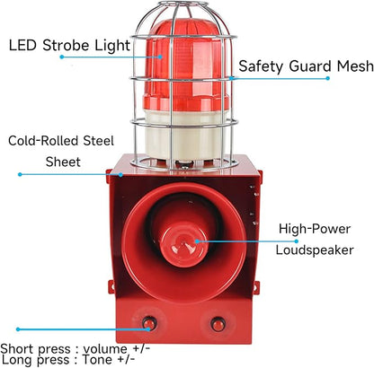 EOKHEOY Alarm Siren Waterproof Indoor/Outdoor Security Emergency Adjustable 130dB Loudest Sirens with Beacon Light Protective Net Plug for Factory, Office, Warehouse, School AC110-120V