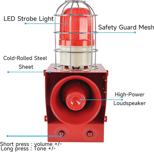 EOKHEOY Alarm Siren Waterproof Indoor/Outdoor Security Emergency Adjustable 130dB Loudest Sirens with Beacon Light Protective Net Plug for Factory, Office, Warehouse, School AC110-120V