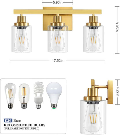 DIKAIDA 3 Light Gold Bathroom Light Fixtures, Bathroom Vanity Light Over Mirror, Gold Wall Sconce Vanity Lighting with Clear Glass Shade,Modern Farmhouse Bath Wall Lamp for Mirror Kitchen