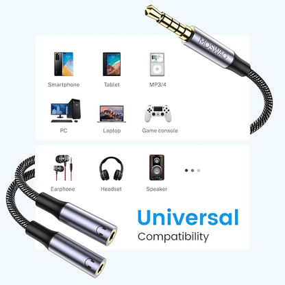 MOSWAG Headphone Splitter for 2 TRRS Headphones, 3.5mm Male to 2 Female Audio Jack Splitter Adapter Compatible with Two Headsets or Microphones to Pc, Laptop, Smartphones, Ps4, Ps5