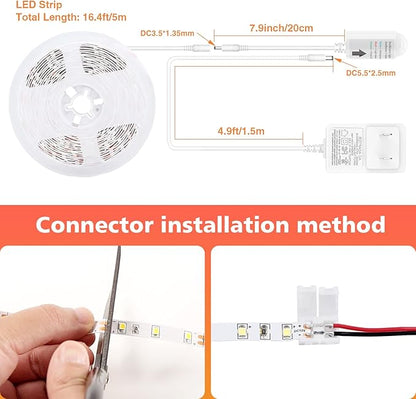 WOBANE White LED Strip Light, 16.4ft Motion Activated Light Strip with Remote and Adapter, Night Light, Dimmable, PIR Function, 300 LEDs Rope Light for Closet,Kitchen Cabinet,Room,Wardrobe,White