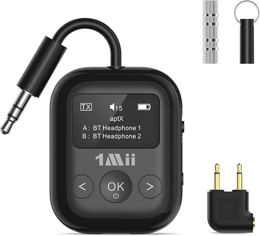 1Mii SafeFly Min+ Bluetooth Transmitter and Receiver,Bluetooth Adapter for Airplane, Supports to 2 AirPods/Headphones,Use with Any 3.5mm Jack on Airplanes, Gym, TVs, Car, Home, Boat(White)