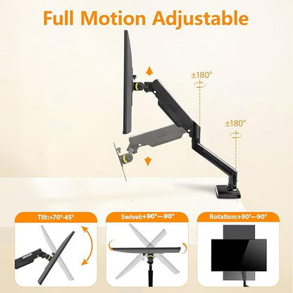 XEVKZO Single Monitor Arm - Gas Spring Monitor Stand for 13 to 34 Inch Screens, Adjustable VESA Mount with C-Clamp & Grommet Base, Full Motion (Tilt, Swivel, Rotation), Supports 4.4-22 lbs