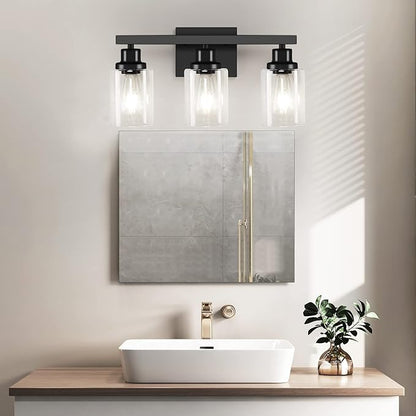DIKAIDA 3-Light Bathroom Light Fixtures, Black Bathroom Vanity Light with Clear Glass Shade, Modern Bathroom Wall Lights Over Mirror, Farmhouse Wall Sconces Lighting for Bedroom LivingRoom