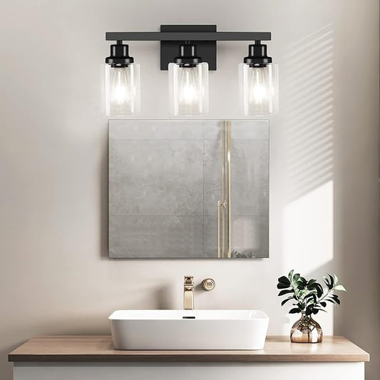 DIKAIDA 3-Light Bathroom Light Fixtures, Black Bathroom Vanity Light with Clear Glass Shade, Modern Bathroom Wall Lights Over Mirror, Farmhouse Wall Sconces Lighting for Bedroom LivingRoom