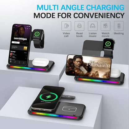 IHAO 3in1 Multifunctional Foldable Wireless Charging Station with LED Ambient Night Light Fast QC3.0 Charger for Phone, iWatch, Headphone Space-Saving Auto-Shutoff & Overcharge Protection-Black