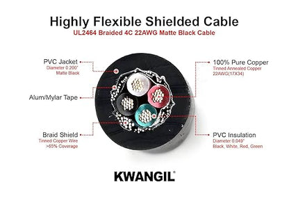 KWANGIL 4C 22AWG AMSB Shielded Cable Wire (UL2464) - Highly Flexible Str TC, PVC Ins, OS+TC BRD, PVC JKT for CNC Machine, Stepper Motor, VFD Spindle (Matte Black 50FT)