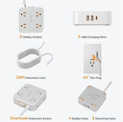 Flat Plug Long Extension Cord 25 Ft, TESSAN Power Strip Surge Protector with 8 Outlets 3 USB Ports (1 USB C), 900J Protection Desktop Charging Station for Home, Office, Dorm Room Essentials