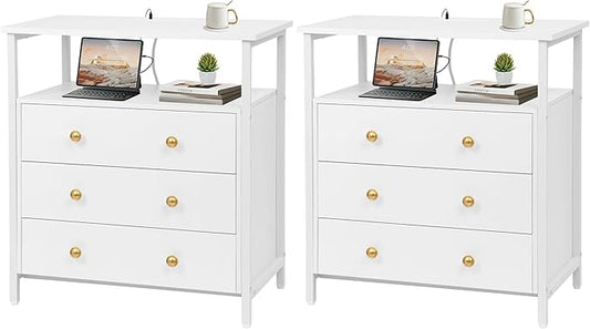 Edbuosy 3 Wooden Drawers Nightstand, 27 Inch Wide Night Stand Set 2 with Charging Station and Adjustable Drawers, Small Dresser for Closet, Bedside Table for Living Room/Bedroom/Office, White.