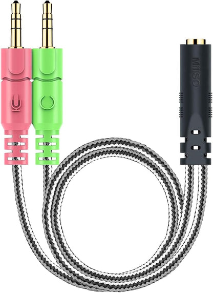 MillSO Headphone Splitter for Computer CTIA 3.5mm TRRS Female to Dual TRS Male Mic Audio Jack Y Adapter Headset Splitter Cable for PC Laptop to Gaming Headset - 8inch/20cm