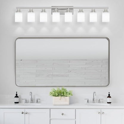 DIKAIDA 8-Light Bathroom Light Fixtures, 52inch Nickel Vanity Light with Milky White Glass Shade, Modern Bathroom Wall Lights Over Mirror, Farmhouse Wall Sconces Lighting for Bedroom Living Room
