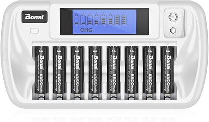 BONAI Rechargeable AA Batteries with Charger, 8+1 Bay Battery Charger with LCD Display for 1.2V NiMH AA AAA 9V, 2800mAh High Capacity Low Self Discharge- 8 Pack