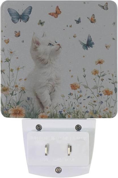Pigsaly Led Night Light Butterfly Watercolor White Cat Night Light Plug in Wall Lamp Smart Dusk to Dawn Sensor Nightlight Led Lamp Energy Saving Lights Gift for Kids Room Bedroom Bathroom Hallway