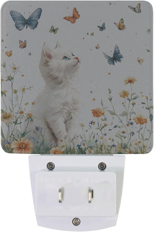 Pigsaly Led Night Light Butterfly Watercolor White Cat Night Light Plug in Wall Lamp Smart Dusk to Dawn Sensor Nightlight Led Lamp Energy Saving Lights Gift for Kids Room Bedroom Bathroom Hallway