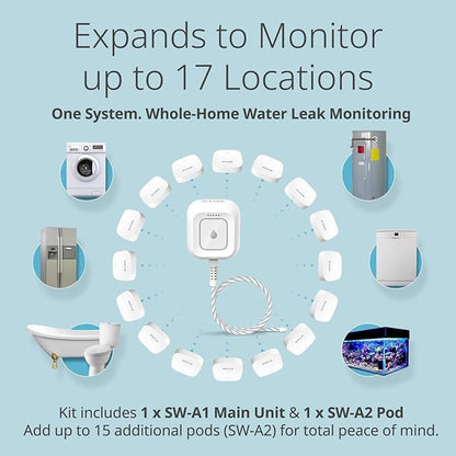 D-Link Next-Gen WiFi Water Leak Detector Starter Kit with 2 sensors—Loud 100 dB Sound Alarm—App Alert—LED Strobe Light—No Hub Required—Works with Google—1000ft Ultra-Long Range—Expandable (SW-A11KT)