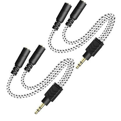DUKABEL Headphone Splitter, Knitted 3.5mm Audio Splitter TRS 3-Pole Aux Splitter Cable for Headphones Earphones Speakers -Zebra White/2PACK