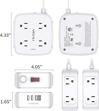 6 Ft Surge Protector Power Strip - YISHU 8 Widely Outlets with 4 USB Ports, 3 Side Outlet Extender with 6 Feet Flat Extension Cord, Ultra Flat Plug, Wall Mount, Desk USB Charging Station, ETL, White