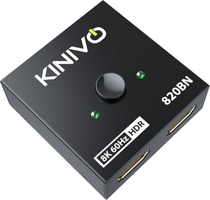 Kinivo 8K HDMI Switch 2 in 1 Out - (Uni-Directional, 8K 60Hz, Ultra HD Switcher Hub, 48Gbps HDMI Hub, HDR10+ Selector, Manual Switching Only) - Compatible with HDTV, PS5/4, Xbox, Projector
