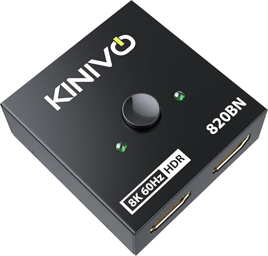 Kinivo 8K HDMI Switch 2 in 1 Out - (Uni-Directional, 8K 60Hz, Ultra HD Switcher Hub, 48Gbps HDMI Hub, HDR10+ Selector, Manual Switching Only) - Compatible with HDTV, PS5/4, Xbox, Projector