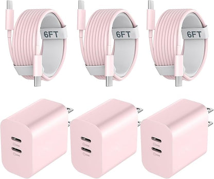 Fast Charger Block, 20W Dual Port USB C Fast Charger Block with 6FT Long USB C to C Charging Cable Cord for Phone 17 16 15 Pro Max/17 16 15 Pro/17 16 15/16 15 Plus-Pink