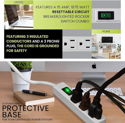 GoGreen Power Inc. (G-13002MS-2) 3 Outlet Power Strip, 2.5FT Cord, White, 2 Pack