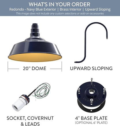 Steel Lighting Co. Large Outdoor Barn Light | Gooseneck Light Fixture | Made in America from 18-Gauge Steel | 20" Dome | Upward Sloping Gooseneck Navy Blue Exterior/Brass Interior