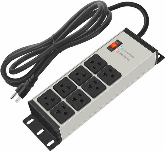 CCCEI Magnetic Heavy Duty Power Strip Surge Protector 20Amp, 12 Gauge High Amp Extension Outlets, Garage Wall Mount 8 Plug Metal Power Strip. 25FT, Grey, 5-15P Adapter 6-20R T-Slot 20a for Appliance