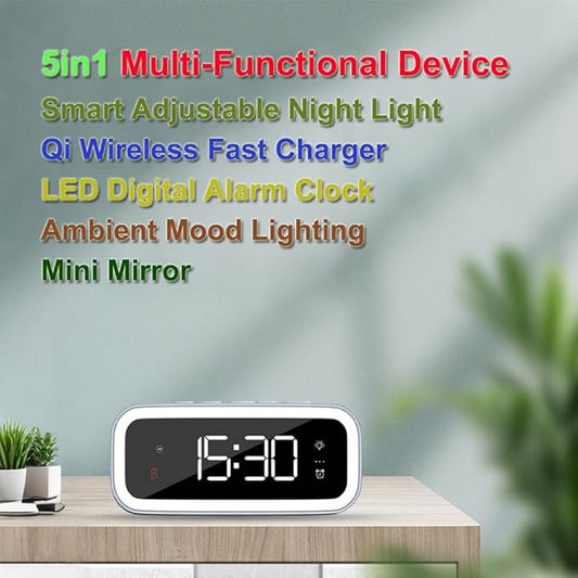 IHAO 5in1 Multi-Functional Alarm Clock with Wireless Charging 15W Fast Charger for Phone & Earbuds 3 Group Alarms, Dimmable Night Light, USB Port, Digital Clock Adjustable Light Mini Mirror QXF-805