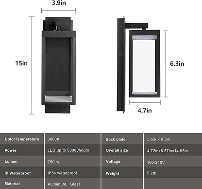 Modern Outdoor Light Fixtures Dusk to Dawn Outdoor Lighting,15" Exterior Wall Sconce, Porch Light, Black Garage Lights Wall Lamp, Waterproof Outdoor Lights for House, Garden, Front Door