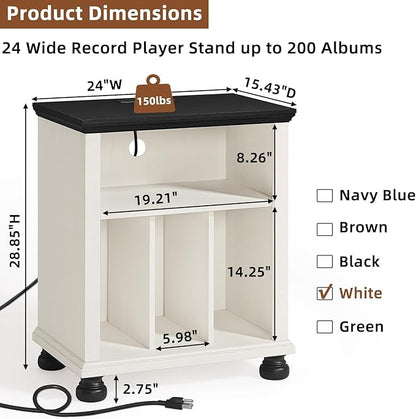 Joaxswe Record Player Stand with Charging Station Up to 200 Albums, 24" Wide Mid-Century Record Player Table with Vinyl Record Storage,Large Wood Turntable Stand Dispaly Cabinet for Living Room,White