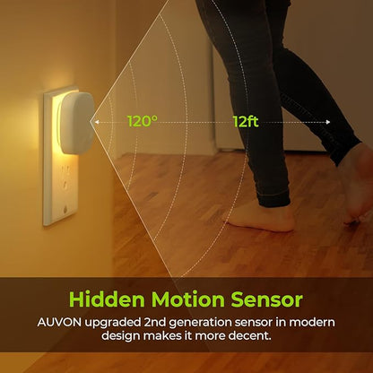AUVON Plug-in LED Backlit Night Light with Motion Sensor & Dusk to Dawn Sensor, Dimmable Warm White Nightlight with 1-50 lm Adjustable Brightness for Bathroom, Bedroom, Hallway, Stairs (2 Pack)