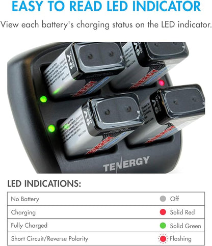 Tenergy TN294 4 Bay 9V Li-ion Battery Charger and 8 Pack 9V 600mAh Li-ion Rechargeable Battery